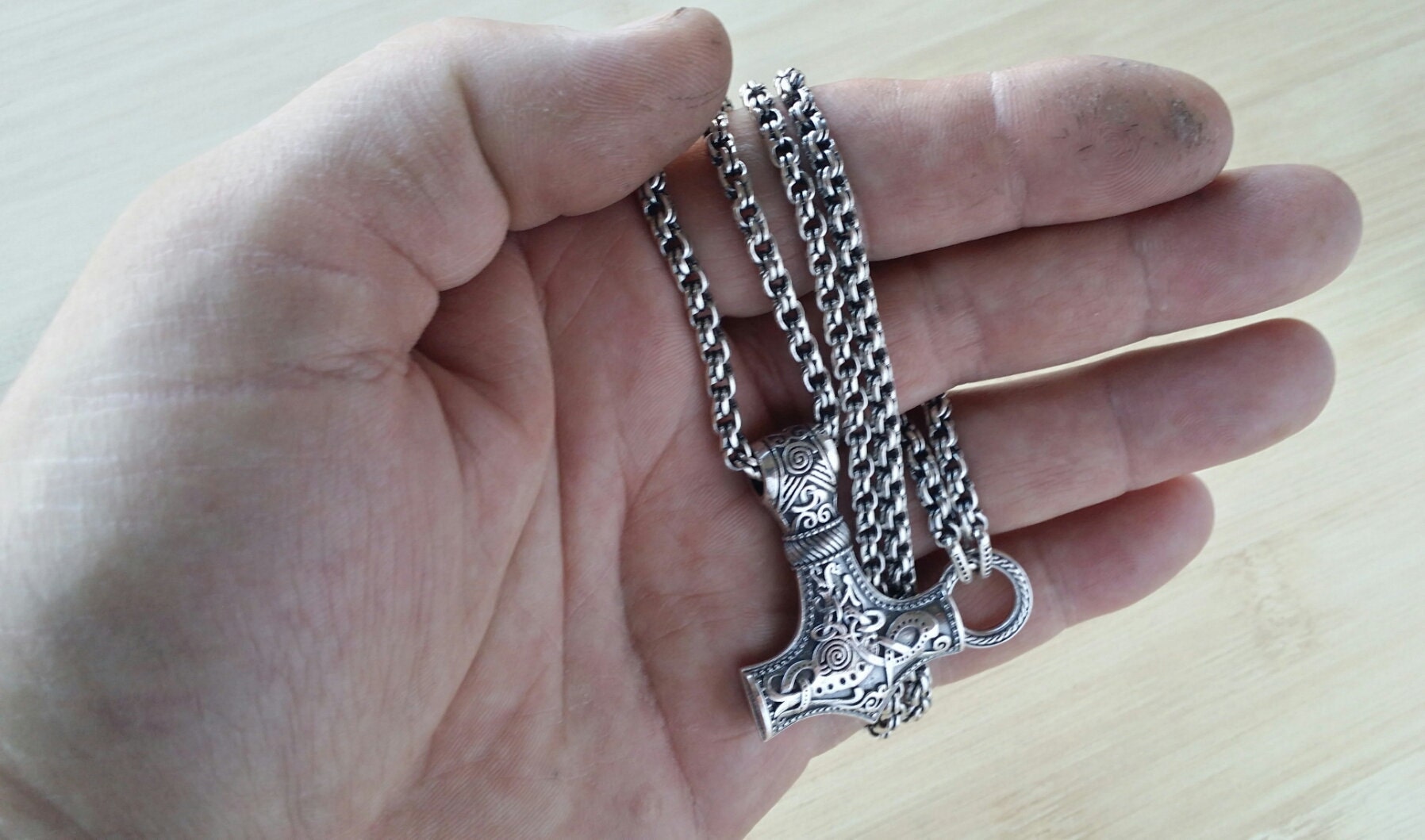 Handmade Sterling Silver Thor's Hammer (Mjolnir) with Chain/20-28 in/0.7-0.99 oz