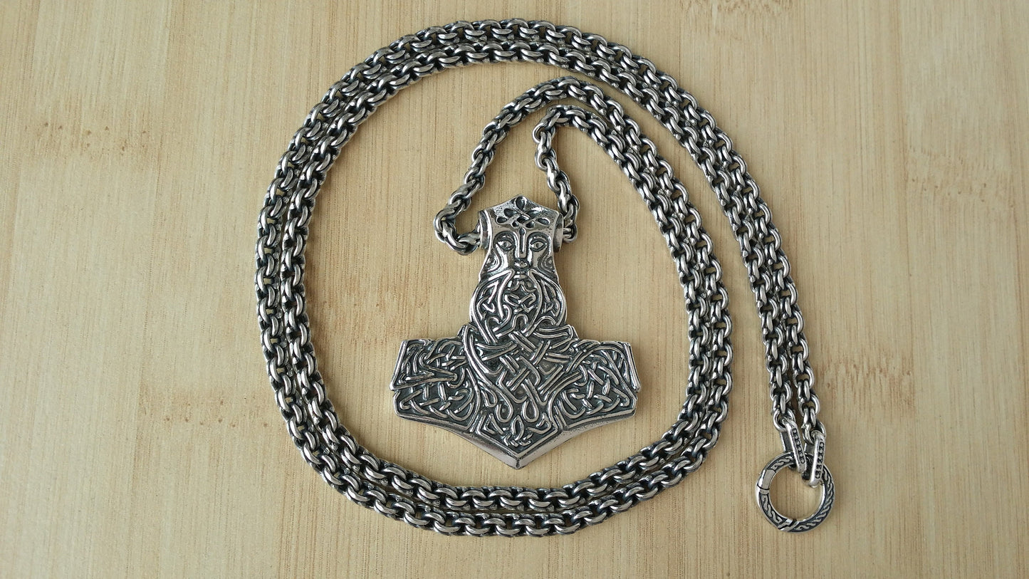 Silver Thor's Hammer (Mjolnir) with Chain, Viking Pendant