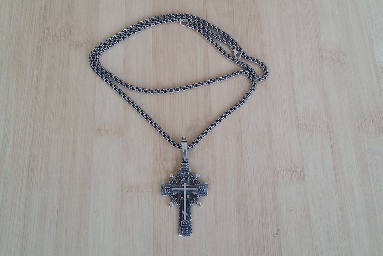 Old Believers Cross with Chain, Silver Russian Cross