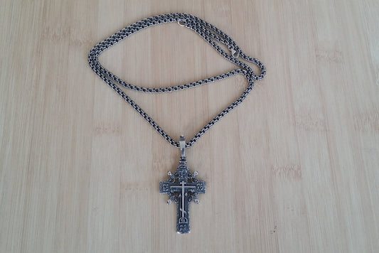 Old Believers Cross with Chain, Silver Russian Cross